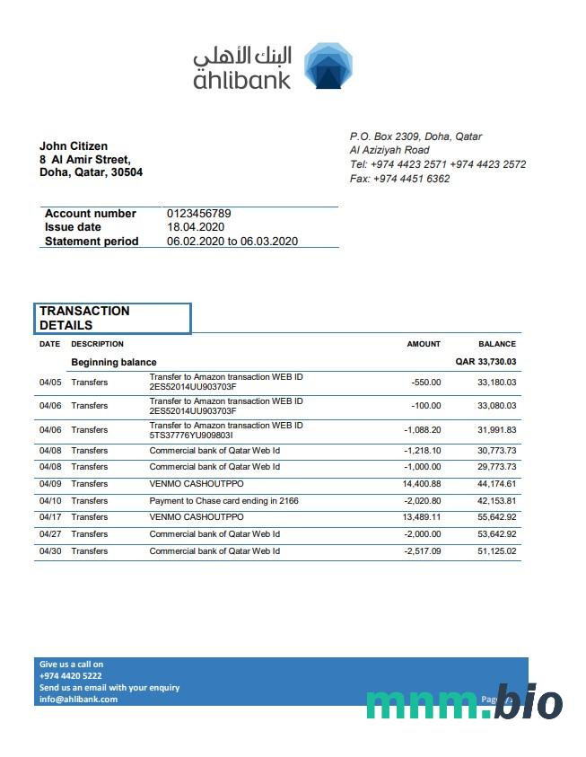 Qatar Ahli Bank szablon w formacie excel pdf
